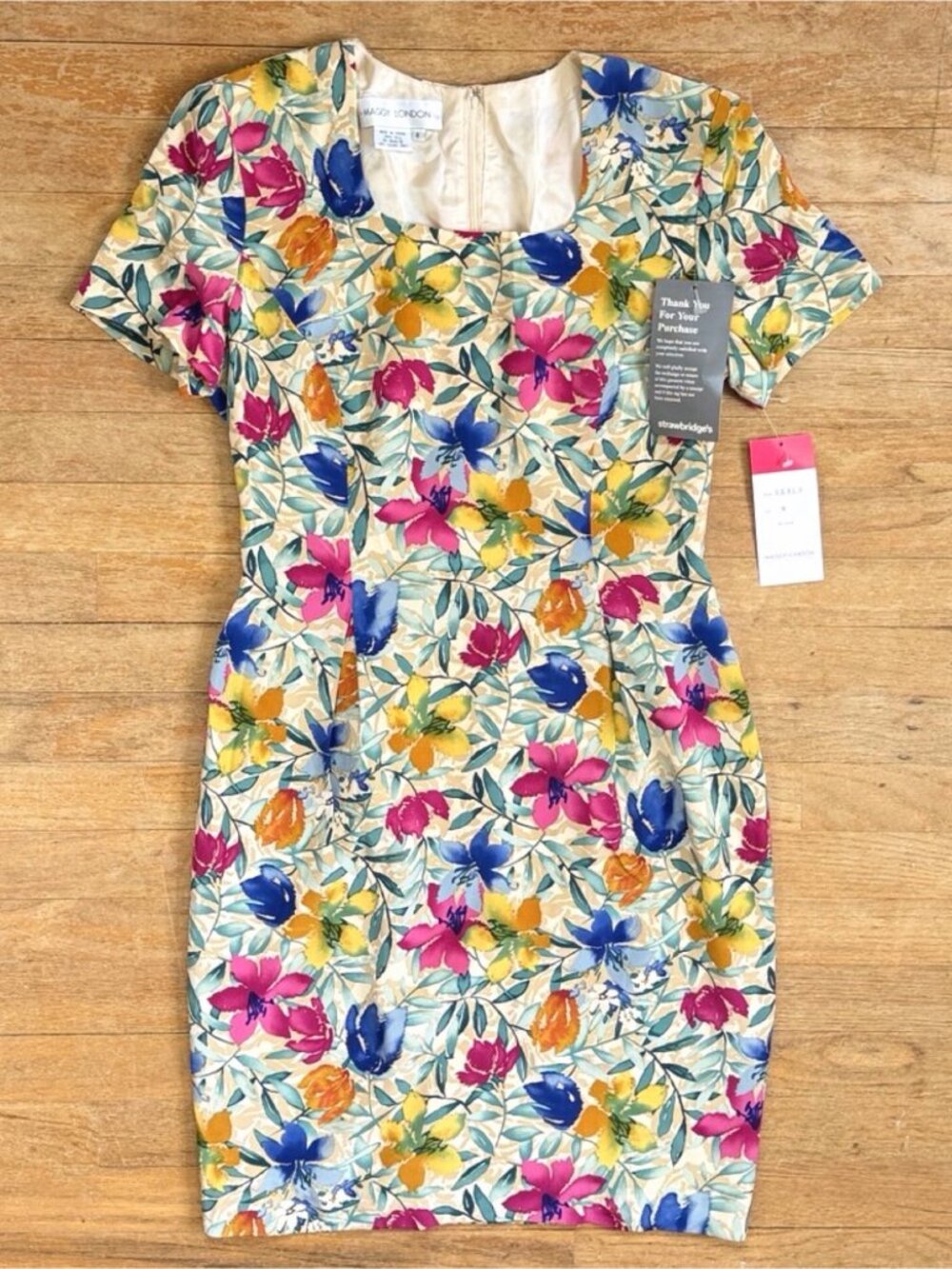 Vintage Tropical Floral Print Silk Dress Size Medium 90s Maggy London Botanical